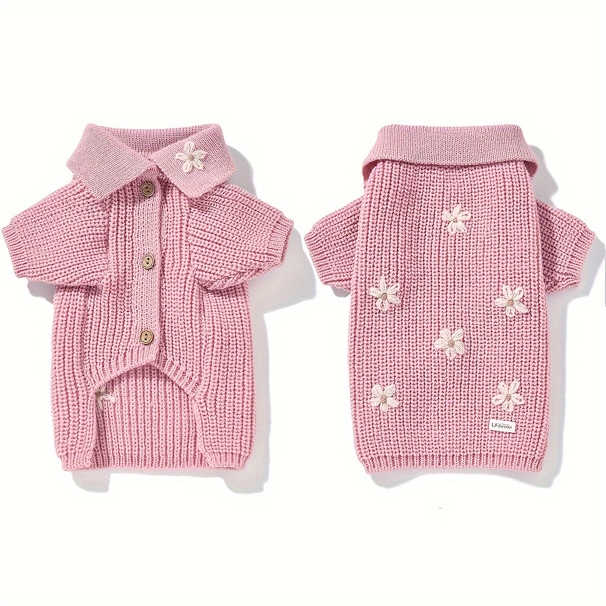 Pull Tricoté avec Boutons Fleur pour Chiens et Chats – Cardigan Rose ou Bleu à Col Replié