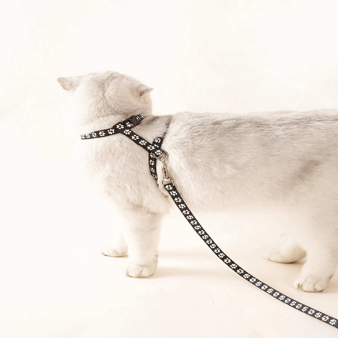 Harnais et Laisse Noirs à Motifs Pattes pour Chats