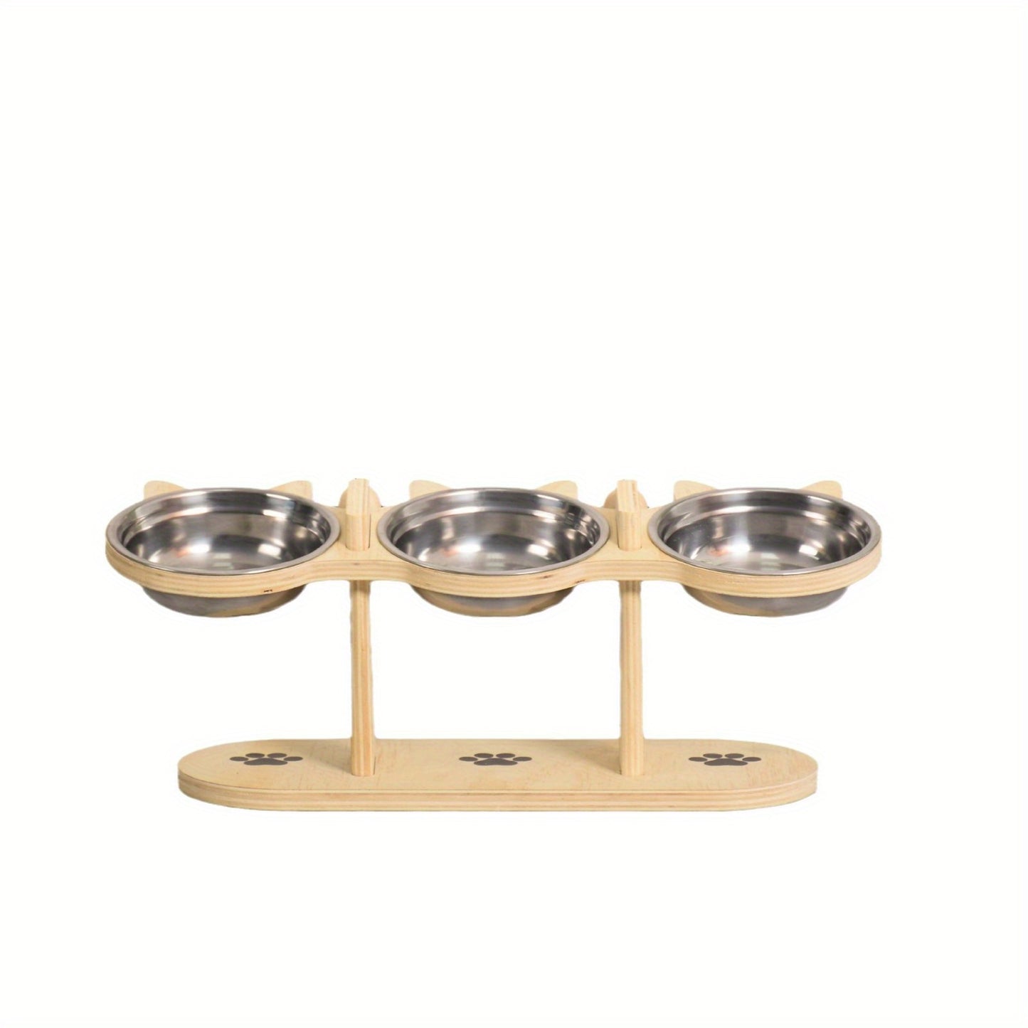 Station d’Alimentation Élevée Triple pour Chats – Bois & Inox