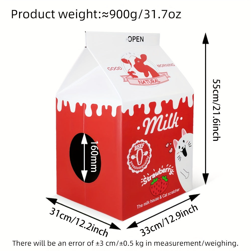 Maison en Carton "Brique de Lait Fraise" avec Griffoir pour Chat