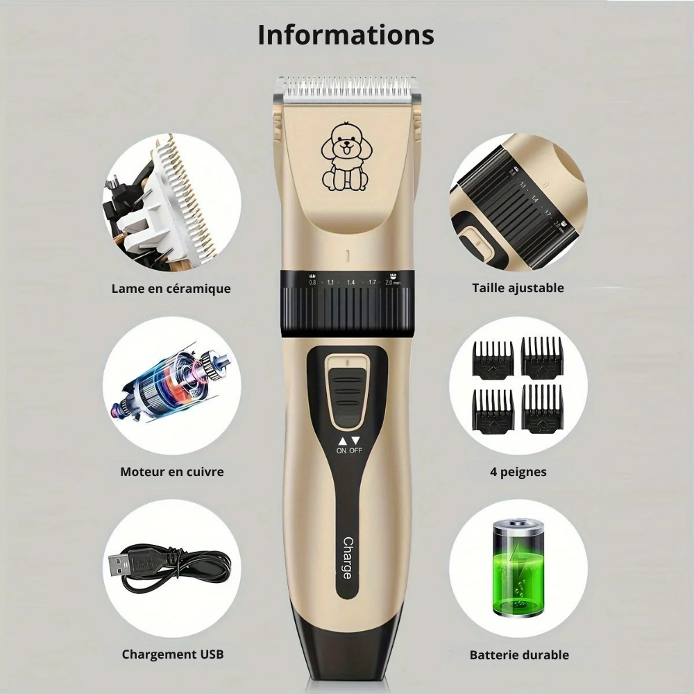 Tondeuse Électrique pour Poils d’Animaux Rechargeable USB