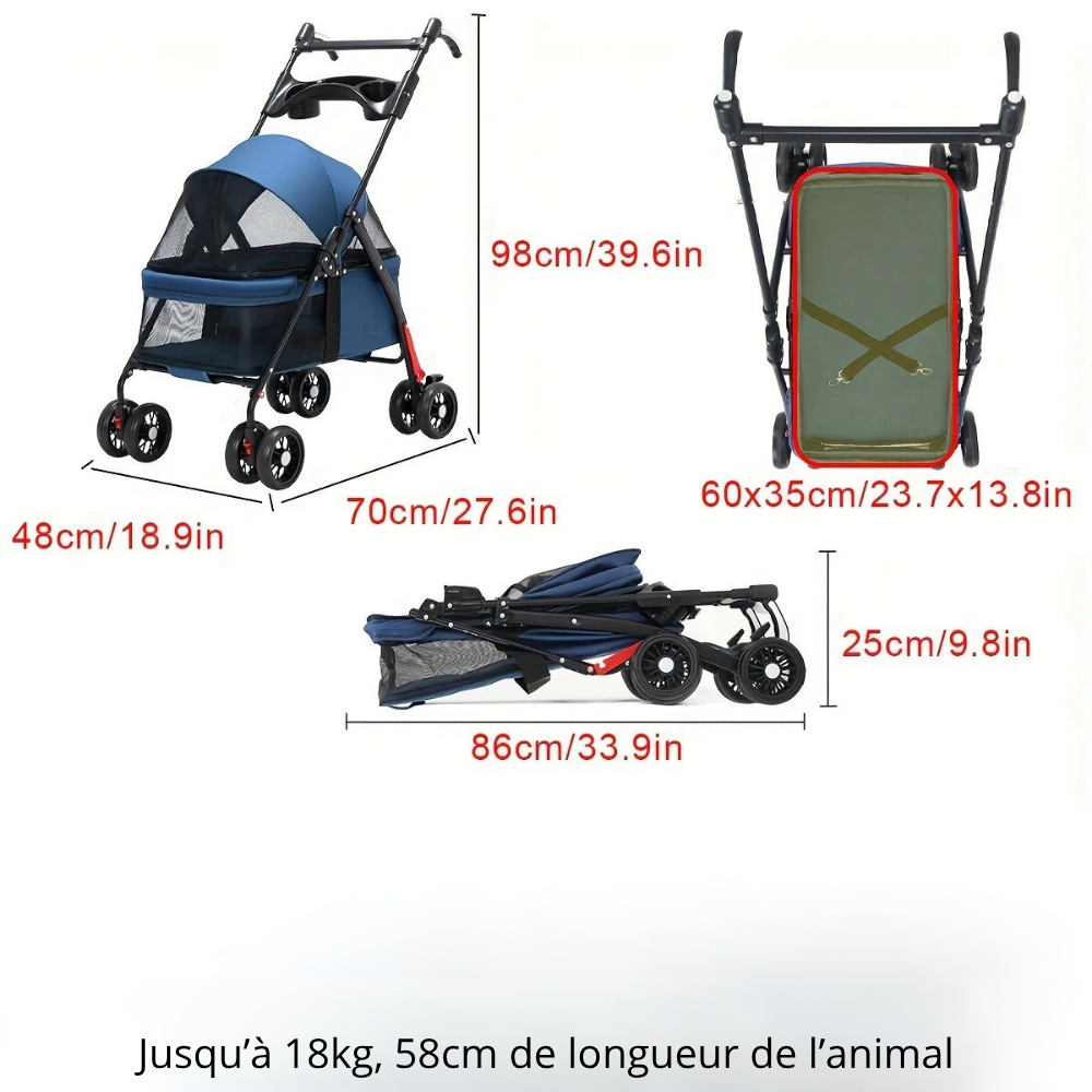 Poussette Pliable 4 Roues pour Petits à Moyens Chiens