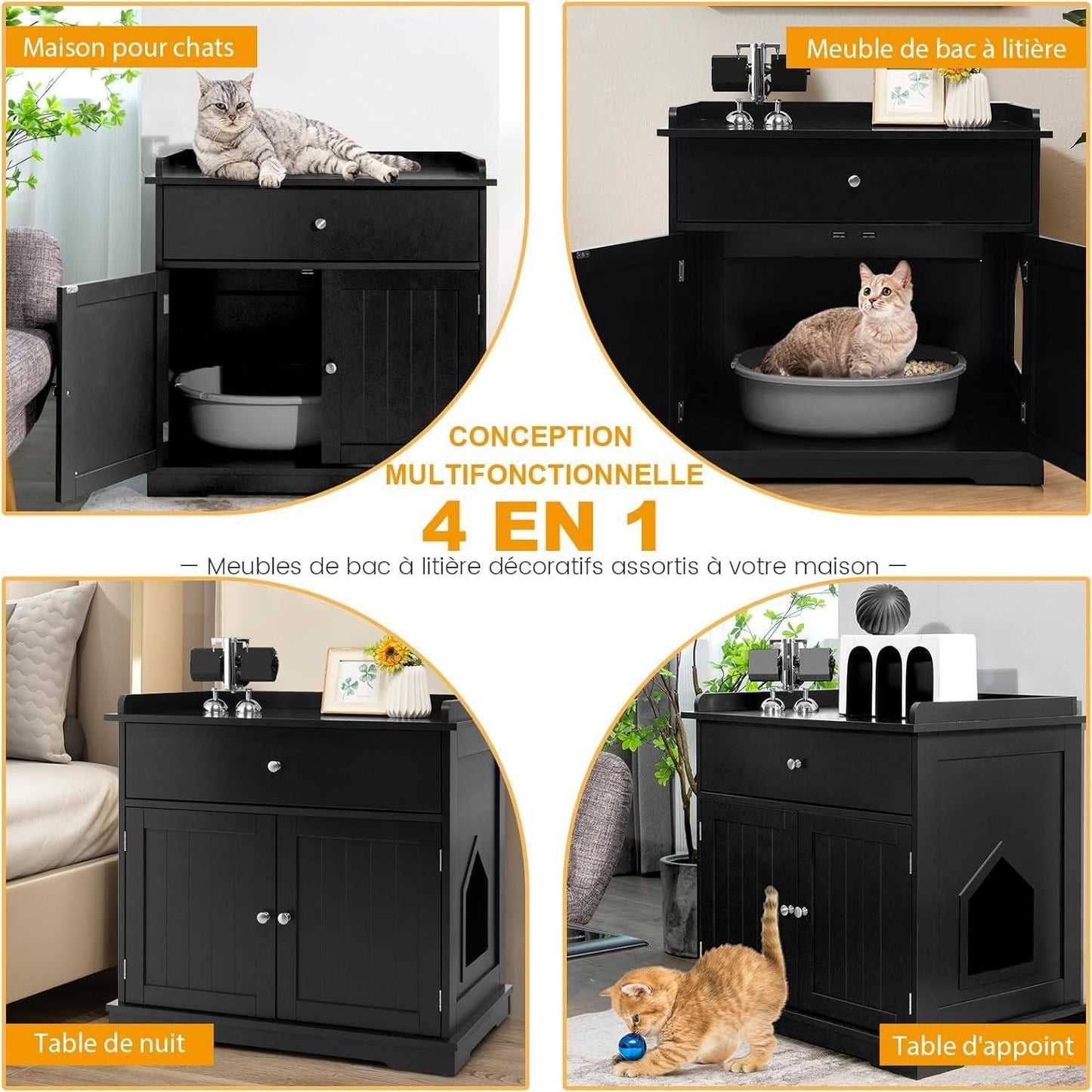 Meuble Cache-Litière XXL avec Tiroir et Portes – Noir