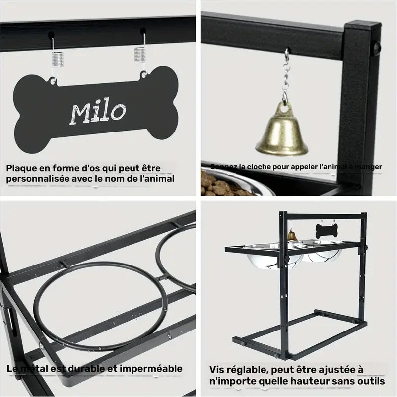 Support repas en métal ajustable avec gamelles inox pour Chien