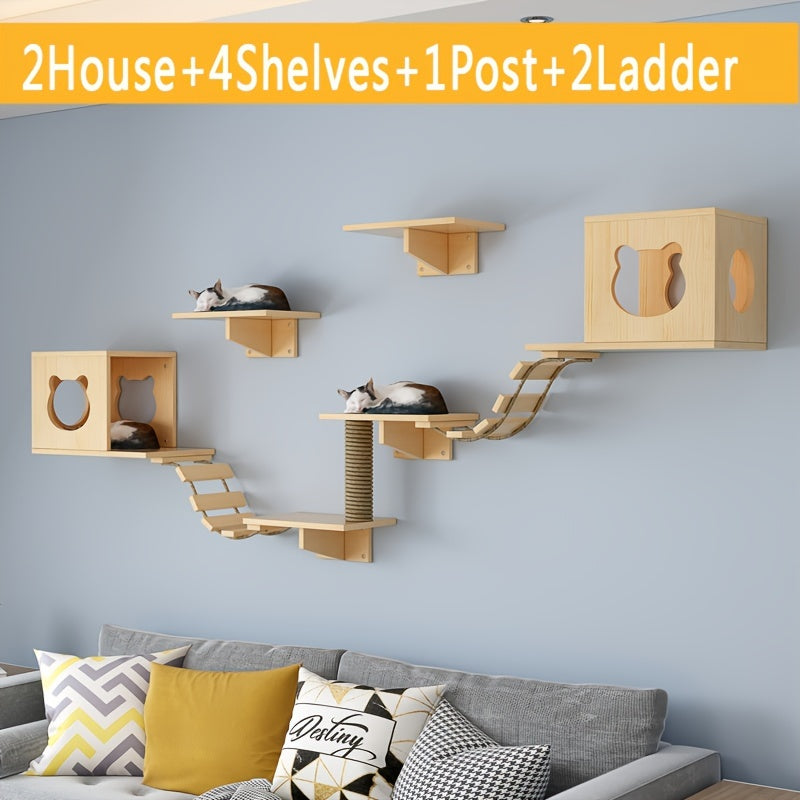 Ensemble Mural pour Chat avec Maison, Étagères, Griffoir et Pont en Bois