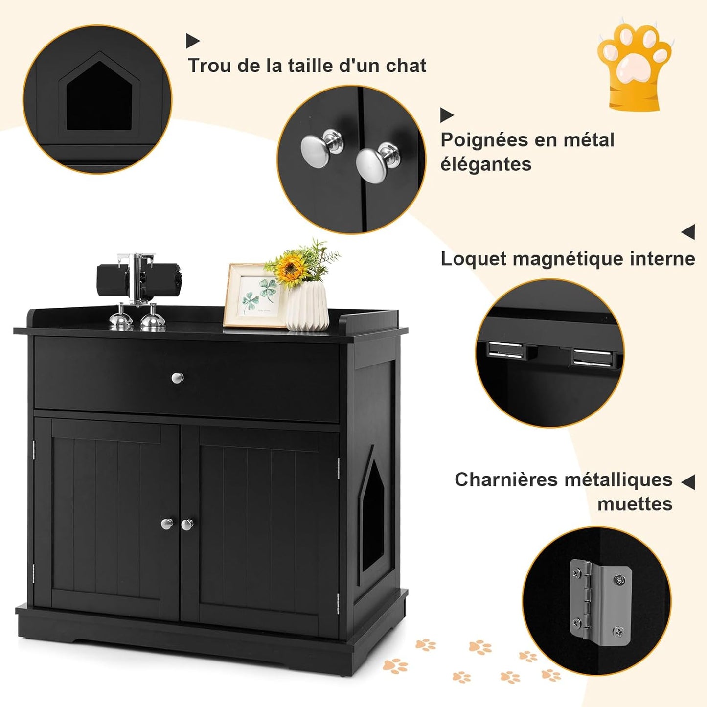 Meuble Cache-Litière XXL avec Tiroir et Portes – Noir