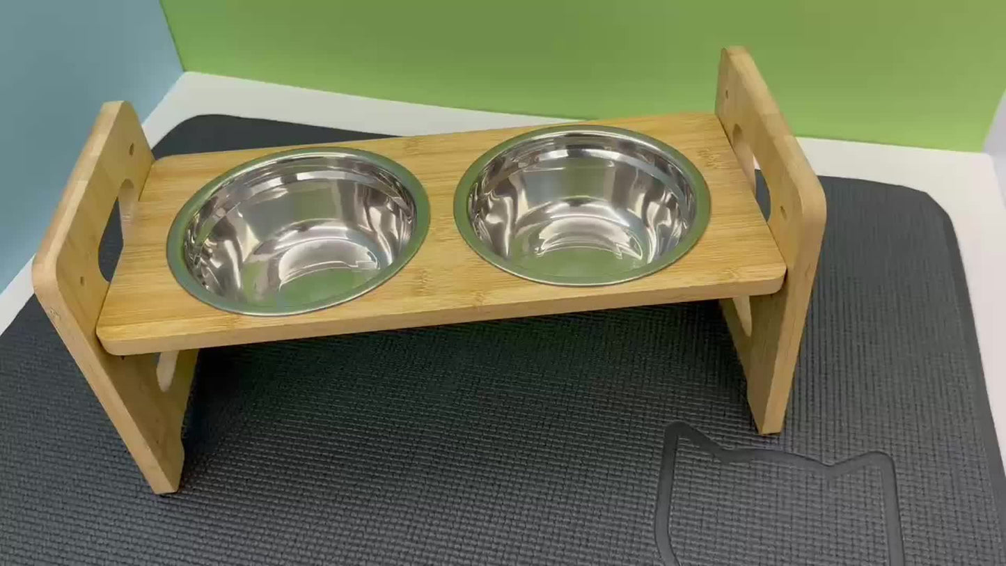Gamelle surélevée réglable en bambou pour chien & chat