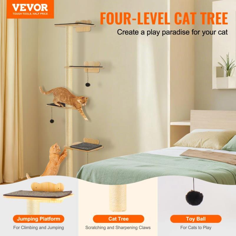 Arbre à Chat Mural Multi-Niveaux avec Plateformes et Poteaux à Griffer
