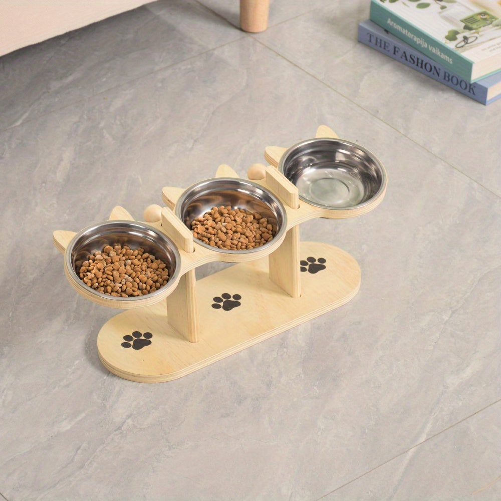 Station d’Alimentation Élevée Triple pour Chats – Bois & Inox