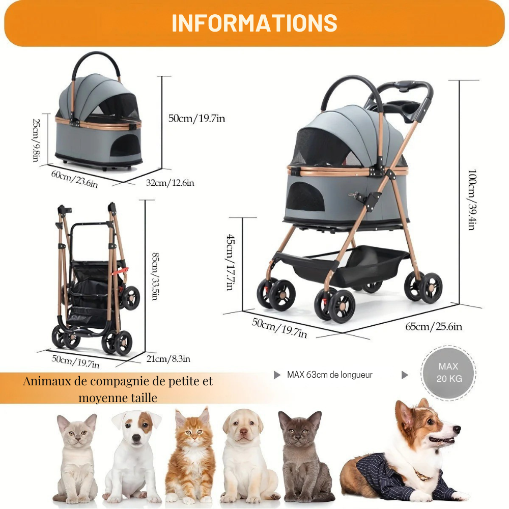 Poussette Multifonction 3-en-1 avec Panier Amovible pour Animaux