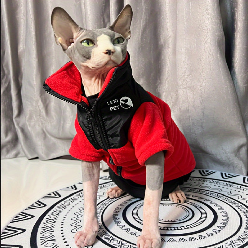 Veste Zippée Épaisse pour Chats Sans Poils – Manteau Chaud Rouge & Noir pour Automne/Hiver