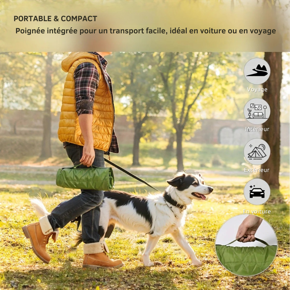Tapis de Voyage Roulable pour Chien – Compact, Lavable et Tout-Temps