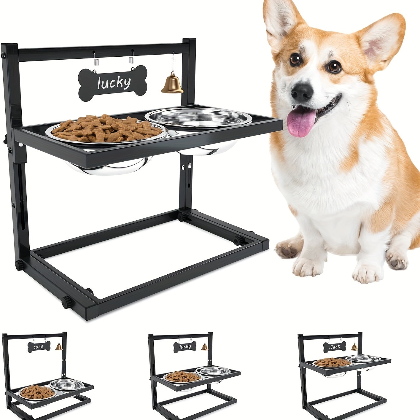 Support repas en métal ajustable avec gamelles inox pour Chien