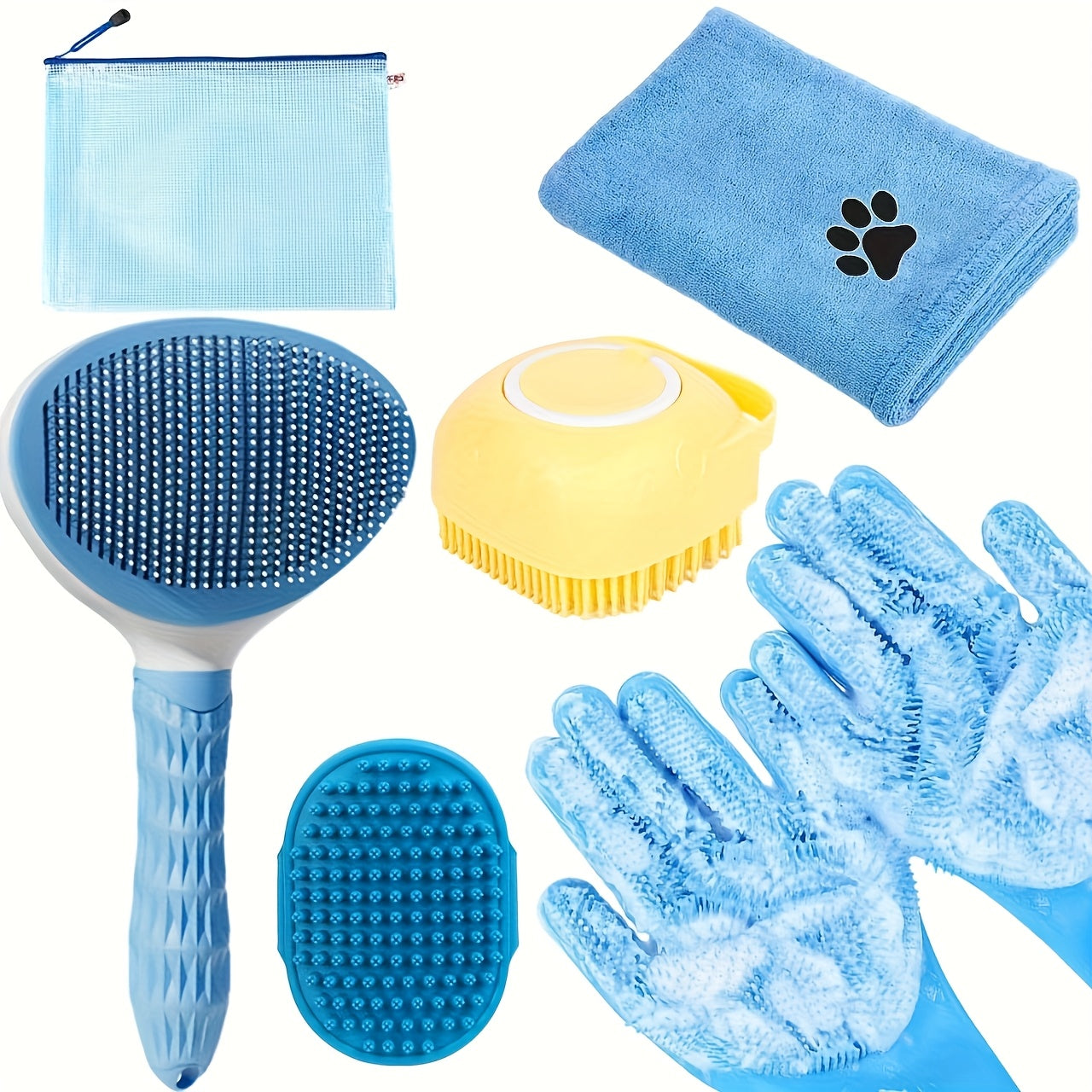 Kit de Toilettage 6-en-1 pour Chiens et Chats – Brosse, Gants, Serviette & Accessoires