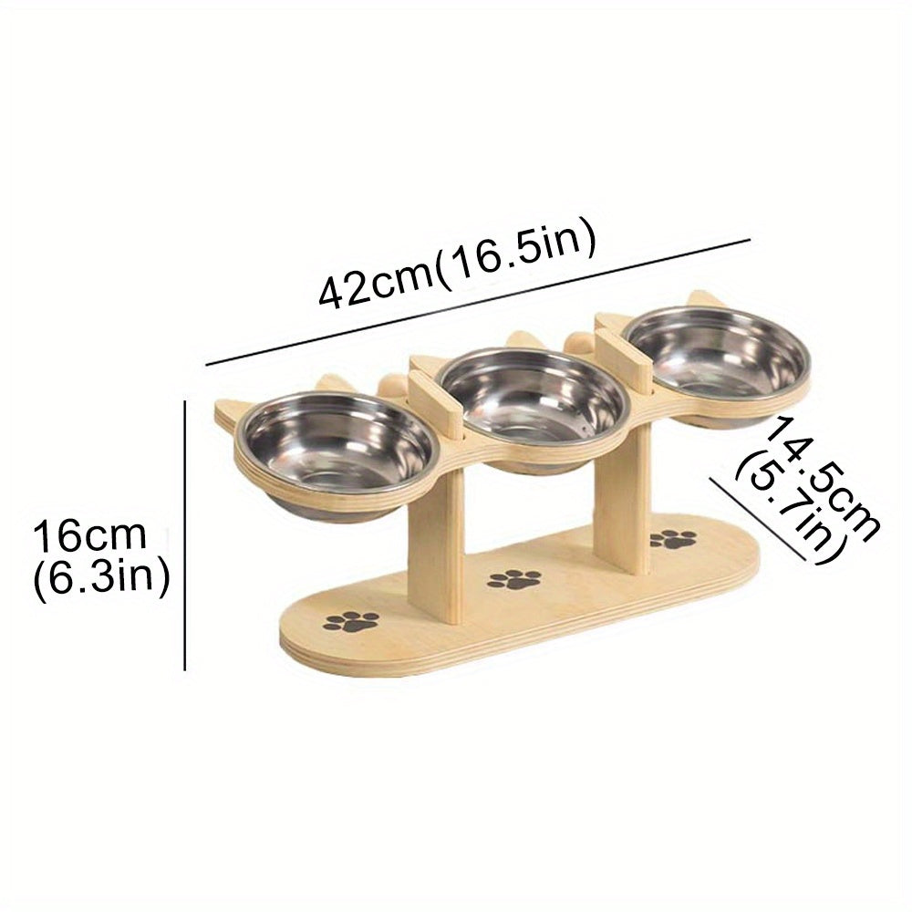 Station d’Alimentation Élevée Triple pour Chats – Bois & Inox