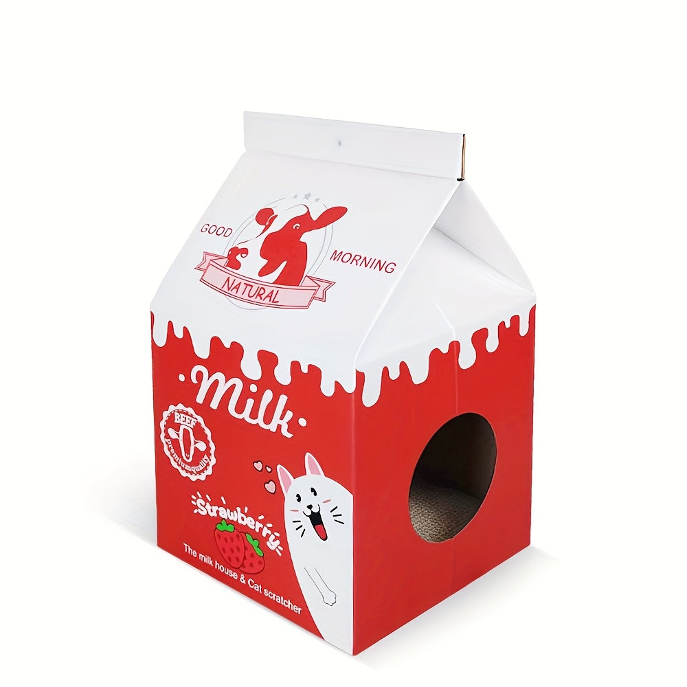 Maison en Carton "Brique de Lait Fraise" avec Griffoir pour Chat
