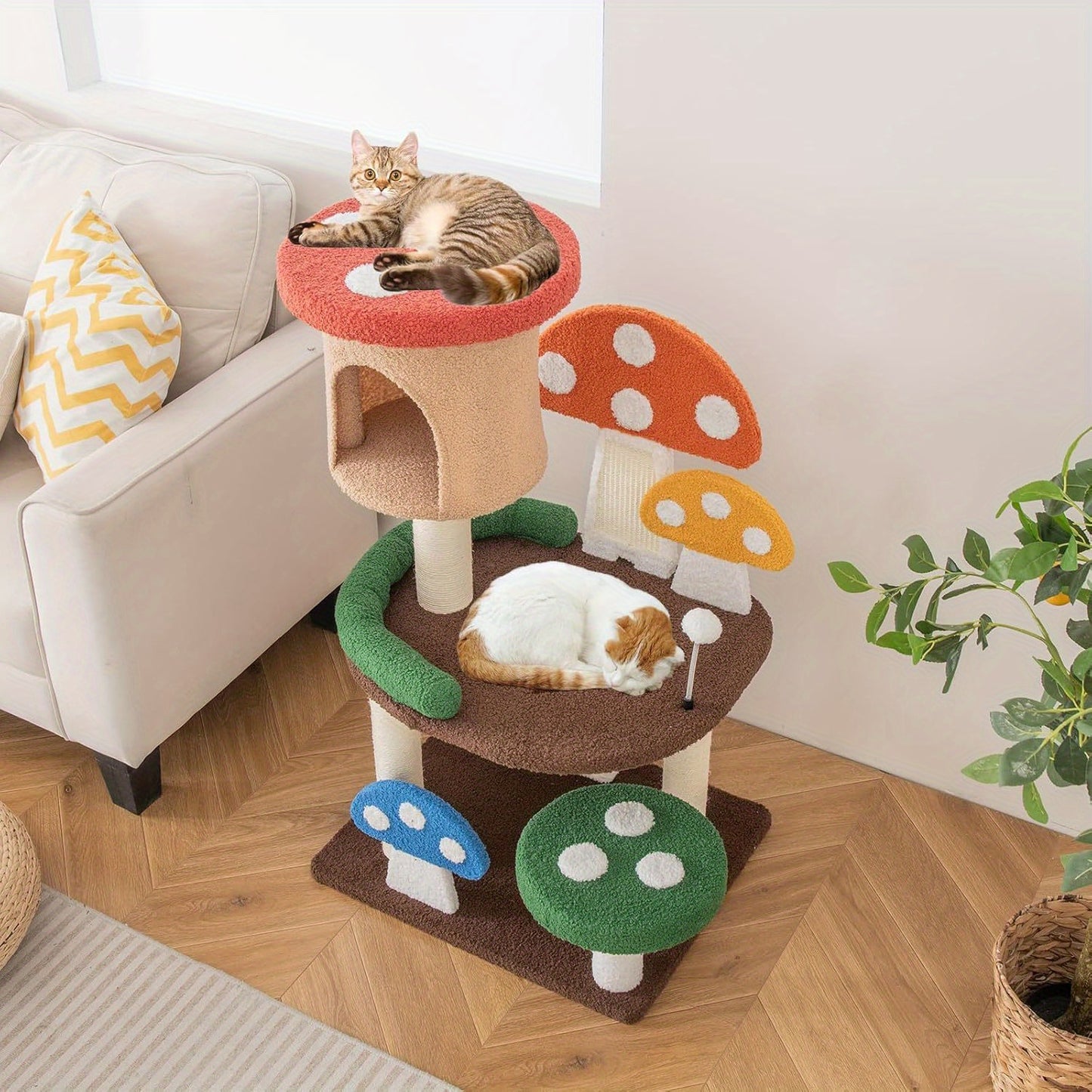 Arbre à Chat en Forme de Champignon 4 en 1 avec Niche et Poteau à Griffer en Sisal