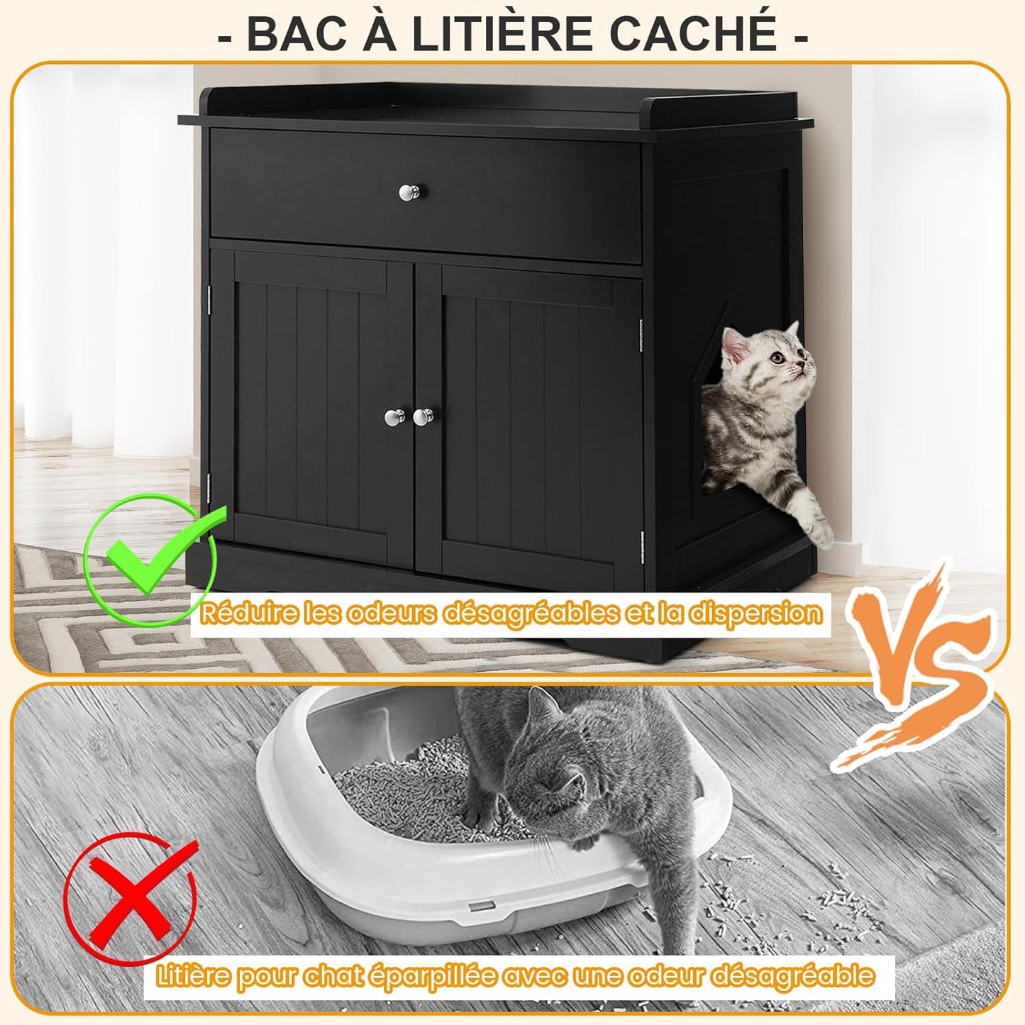 Meuble Cache-Litière XXL avec Tiroir et Portes – Noir