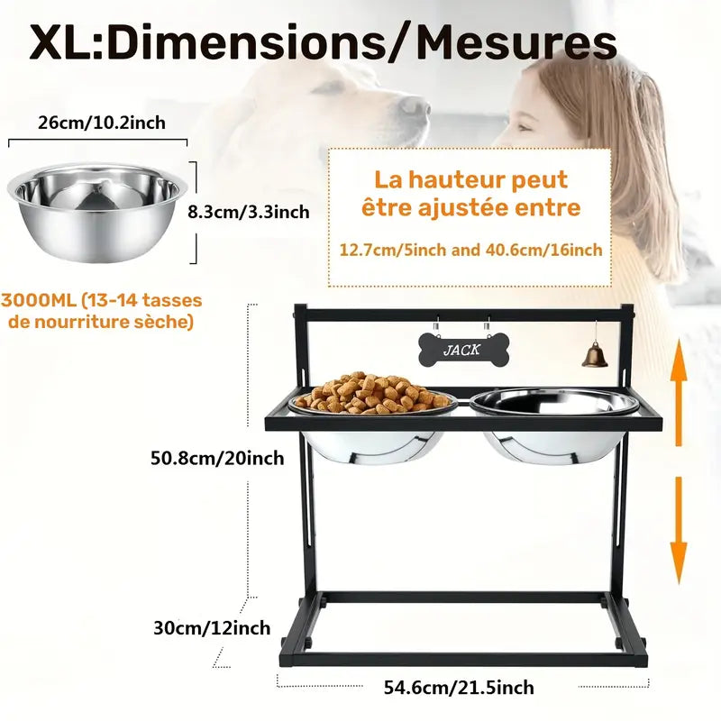 Support repas en métal ajustable avec gamelles inox pour Chien