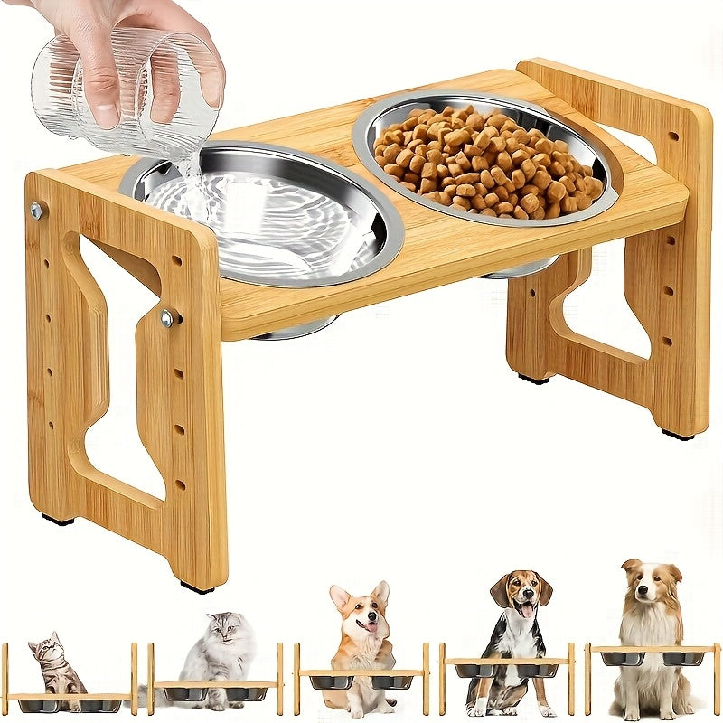 Gamelle surélevée réglable en bambou pour chien & chat