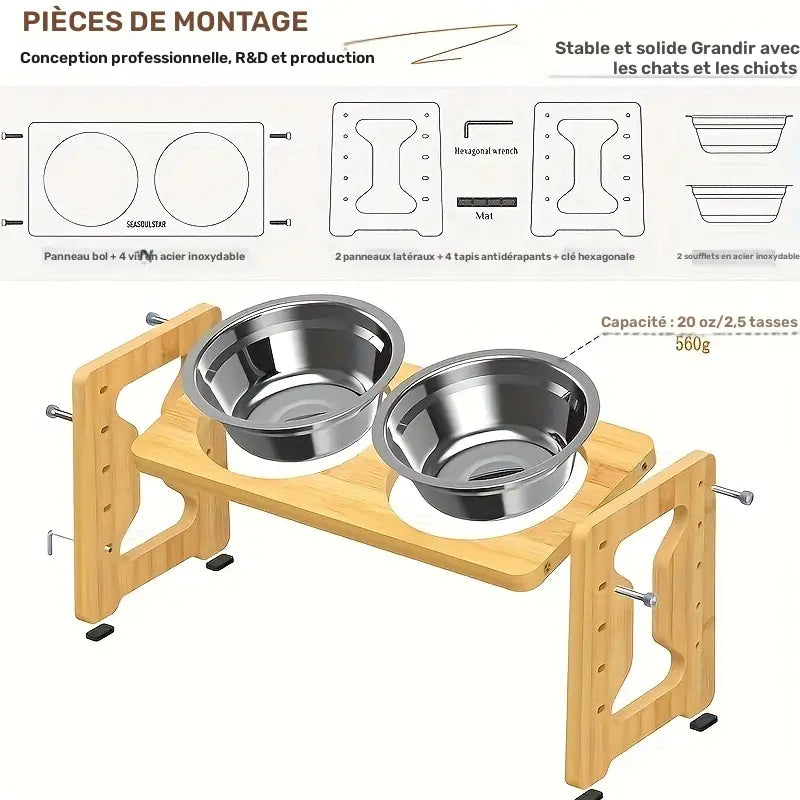 Gamelle surélevée réglable en bambou pour chien & chat