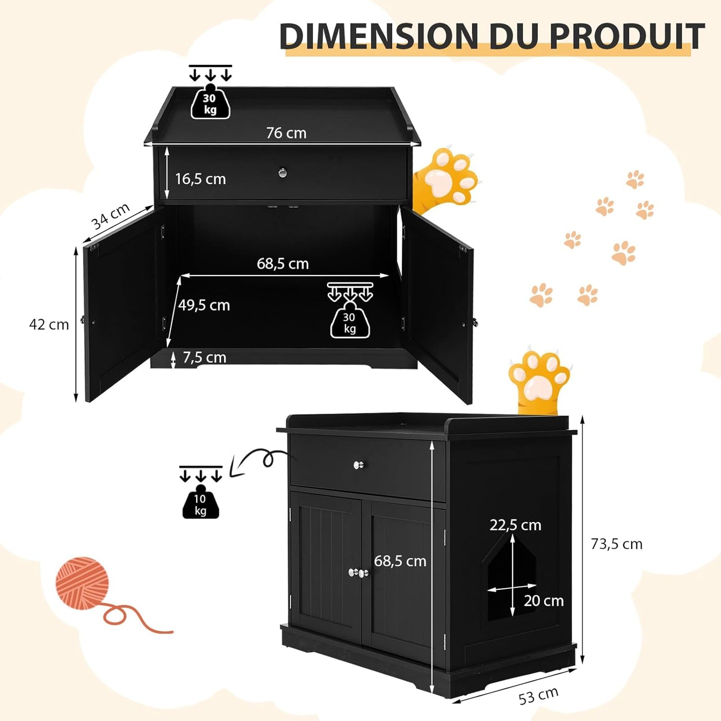 Meuble Cache-Litière XXL avec Tiroir et Portes – Noir