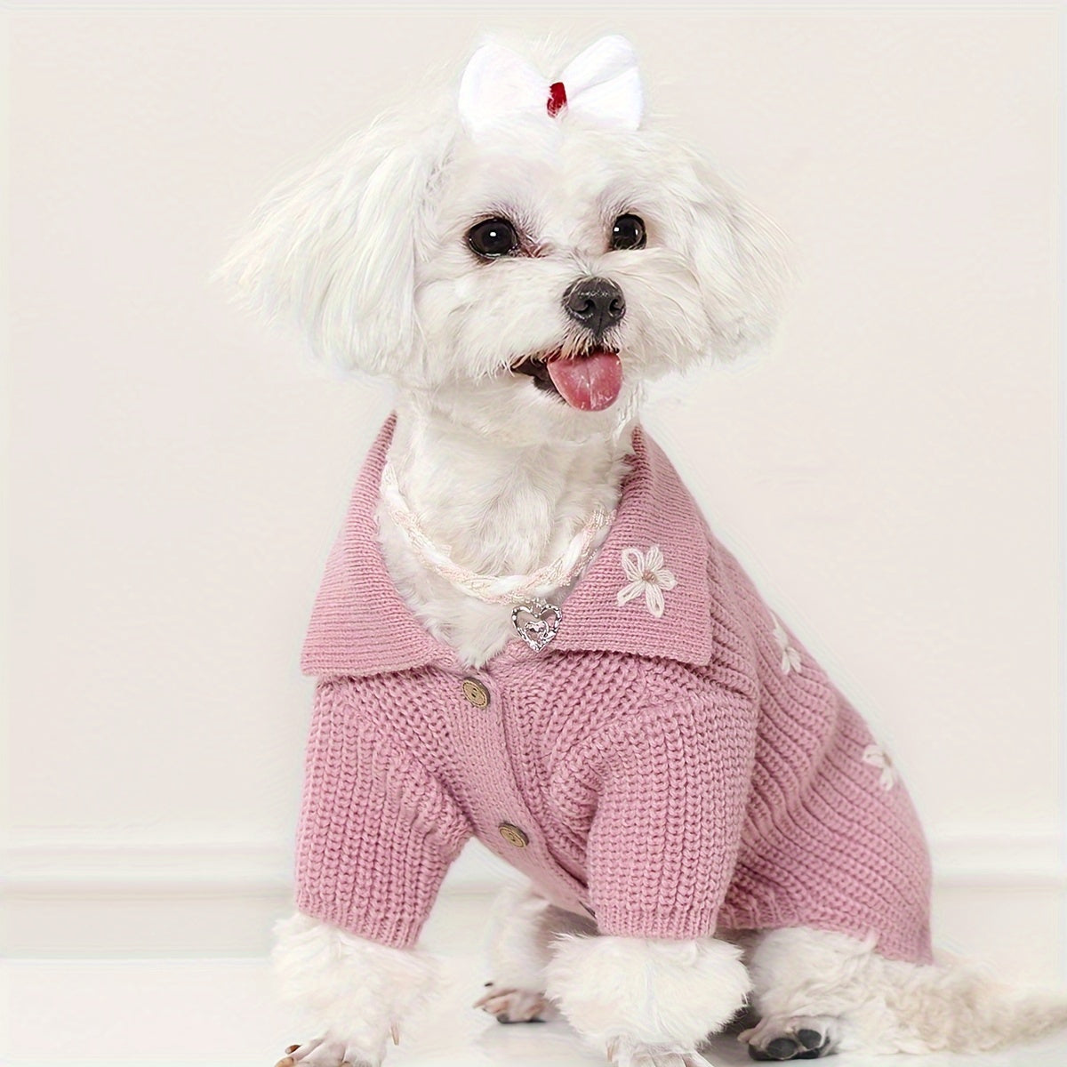 Pull Tricoté avec Boutons Fleur pour Chiens et Chats – Cardigan Rose ou Bleu à Col Replié