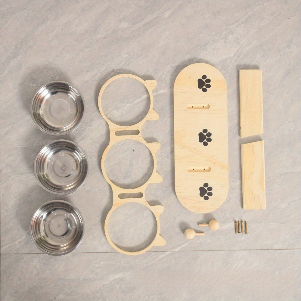 Station d’Alimentation Élevée Triple pour Chats – Bois & Inox