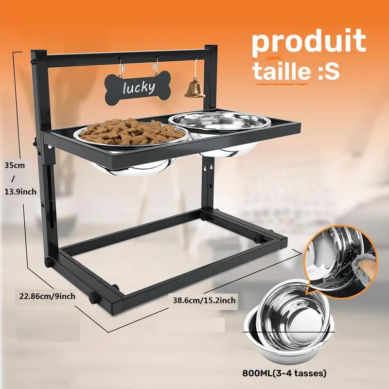 Support repas en métal ajustable avec gamelles inox pour Chien