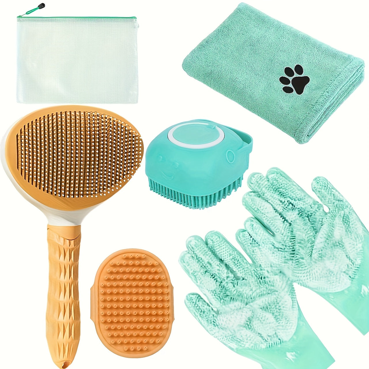Kit de Toilettage 6-en-1 pour Chiens et Chats – Brosse, Gants, Serviette & Accessoires