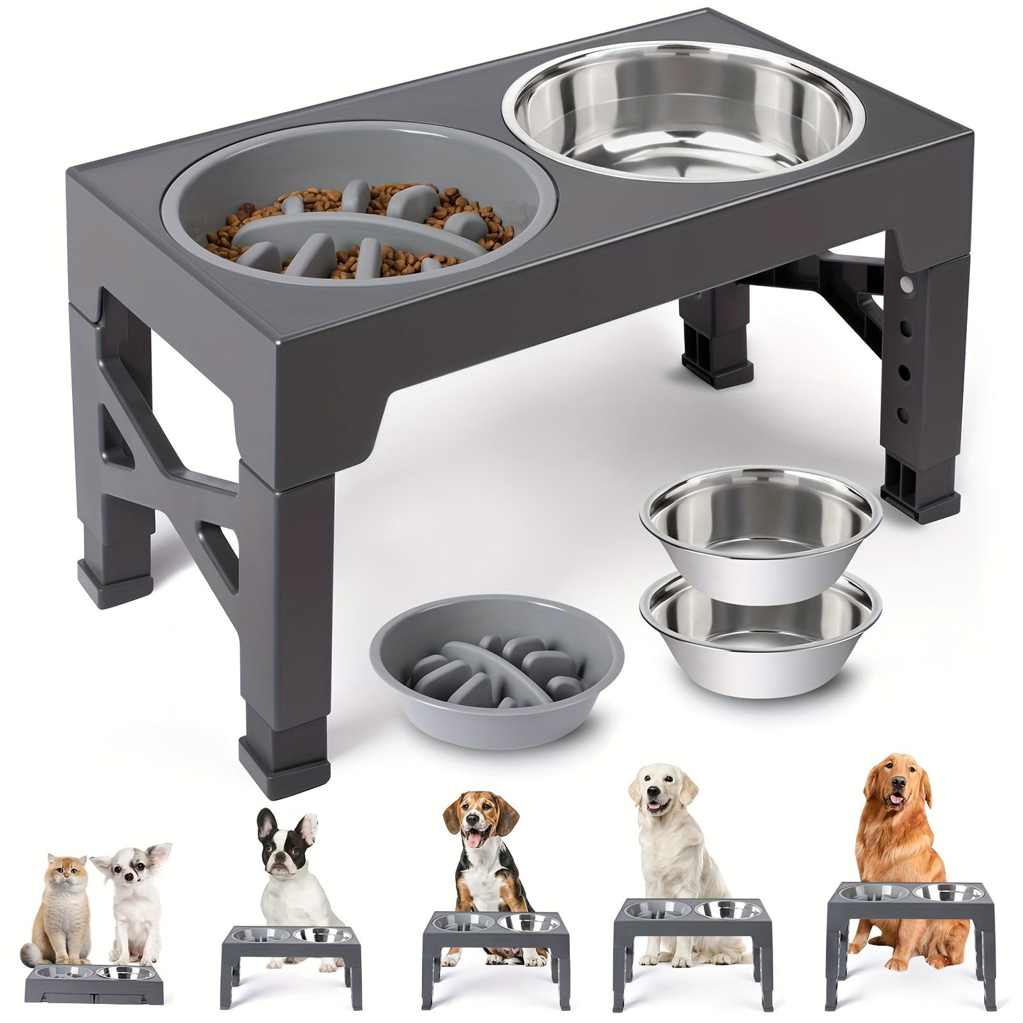 Gamelle double surélevée ajustable avec bol anti-glouton pour Chien
