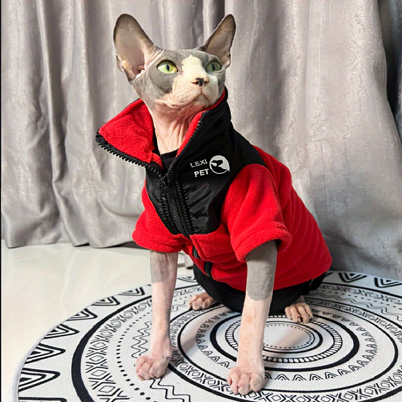Veste Zippée Épaisse pour Chats Sans Poils – Manteau Chaud Rouge & Noir pour Automne/Hiver
