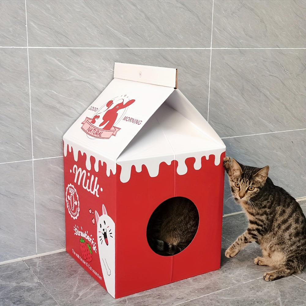 Maison en Carton "Brique de Lait Fraise" avec Griffoir pour Chat