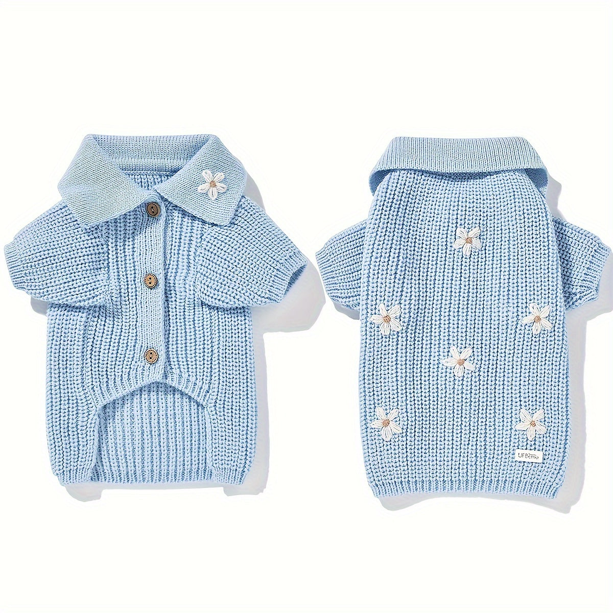 Pull Tricoté avec Boutons Fleur pour Chiens et Chats – Cardigan Rose ou Bleu à Col Replié