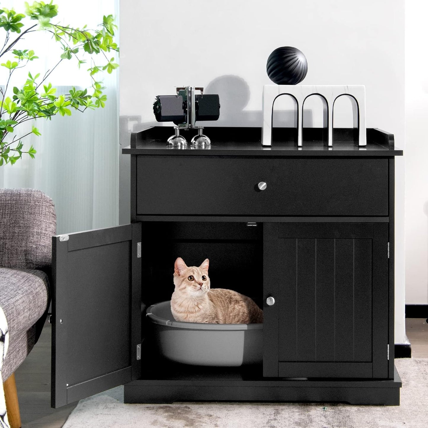 Meuble Cache-Litière XXL avec Tiroir et Portes – Noir