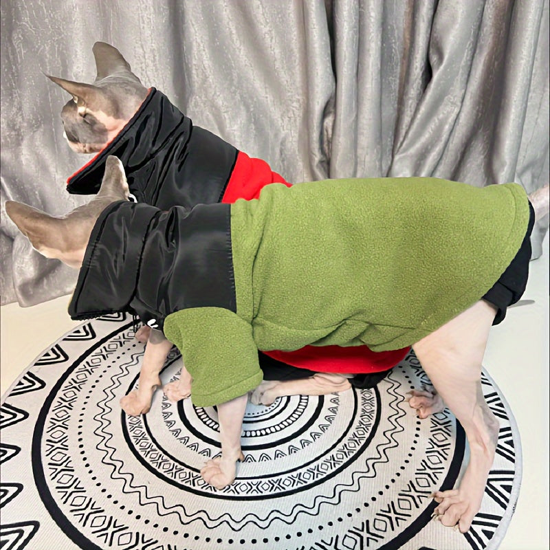 Veste Zippée Épaisse pour Chats Sans Poils – Manteau Chaud Rouge & Noir pour Automne/Hiver