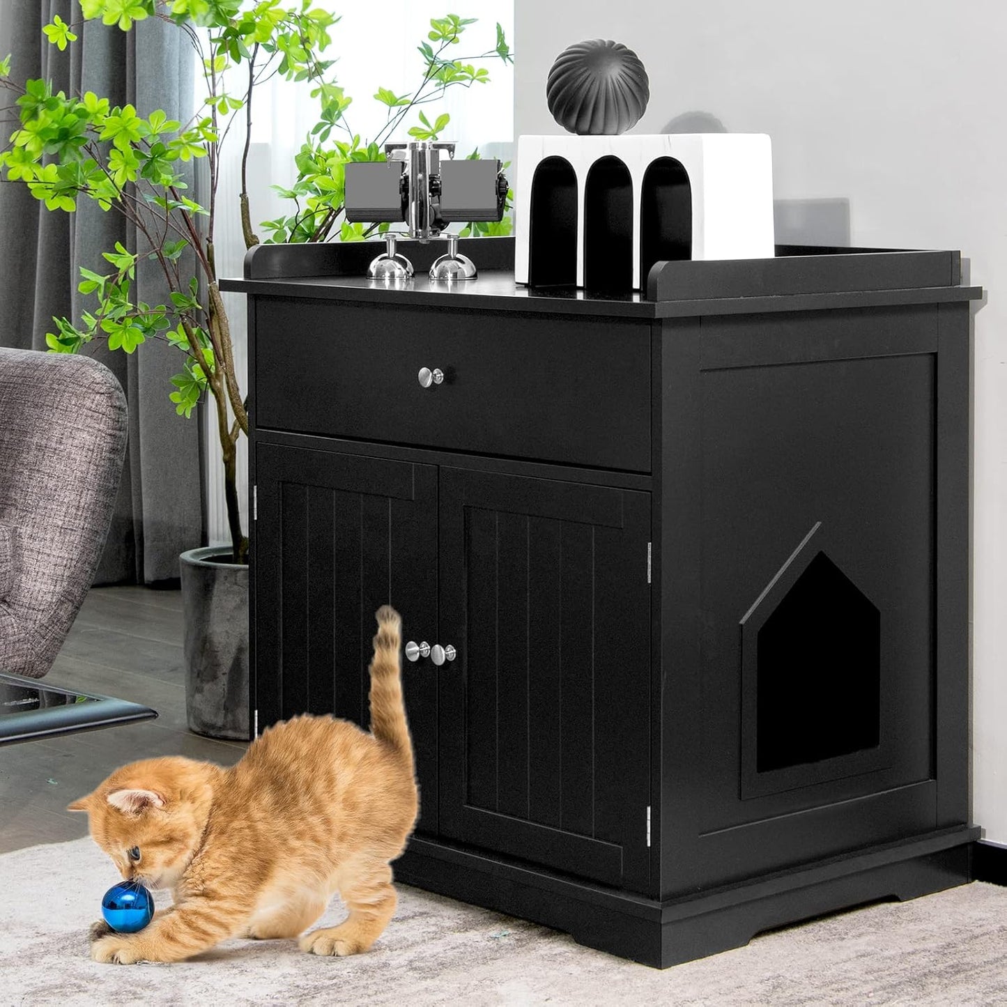 Meuble Cache-Litière XXL avec Tiroir et Portes – Noir