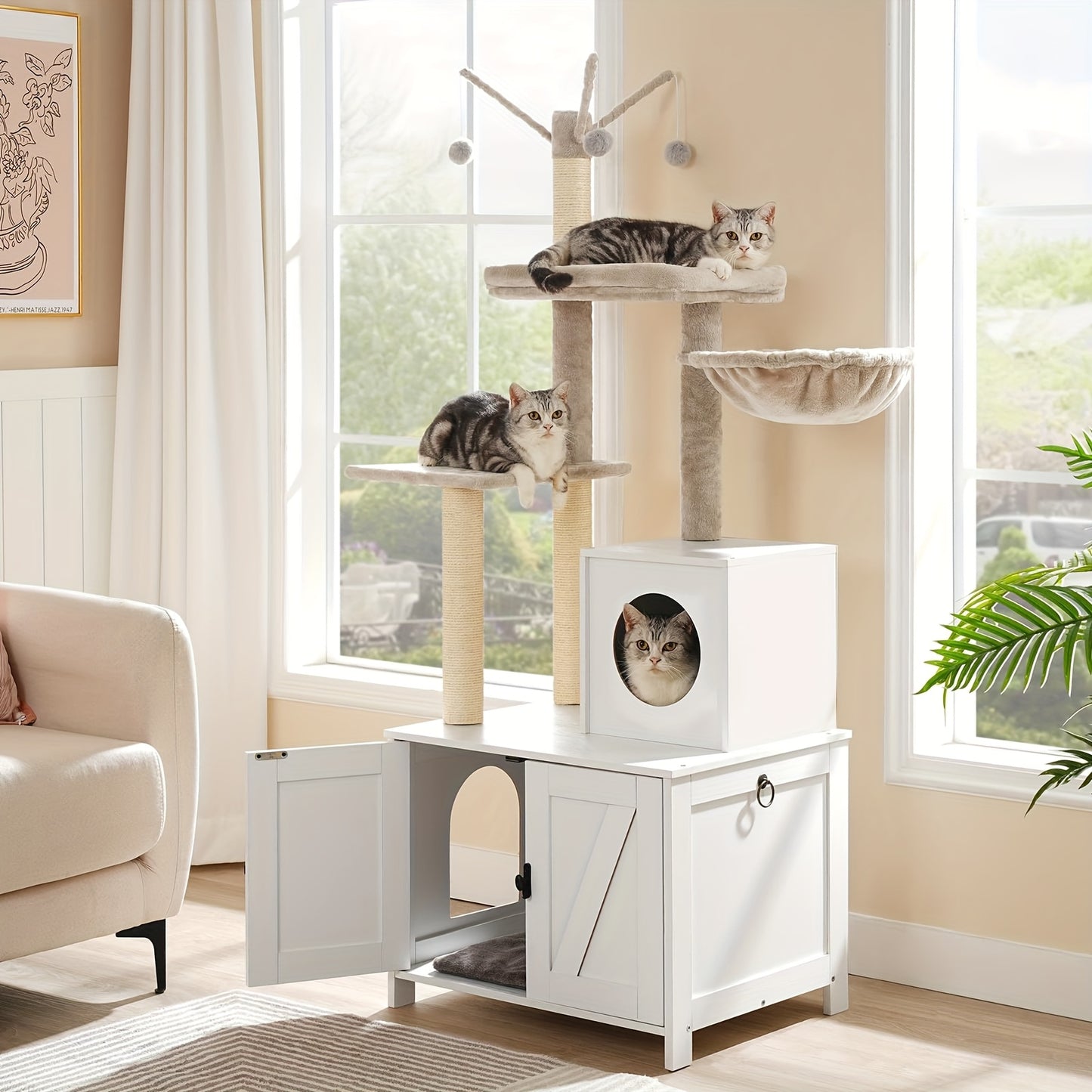 Arbre à Chat Blanc Multi-Niveaux avec Meuble Litière Intégré