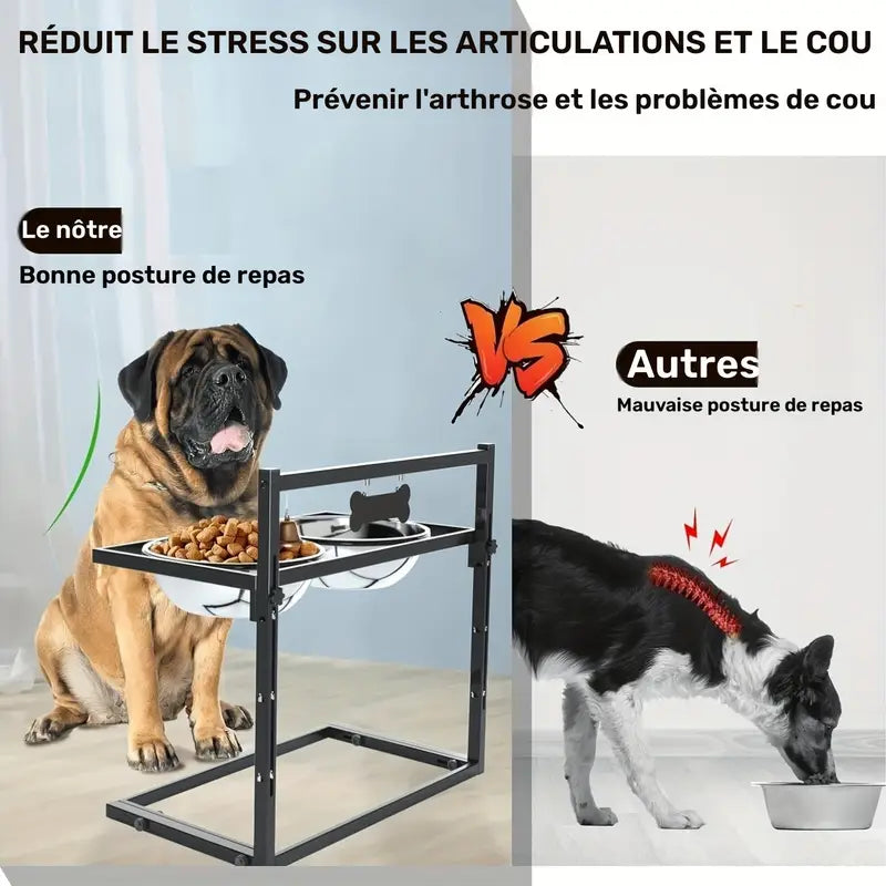 Support repas en métal ajustable avec gamelles inox pour Chien