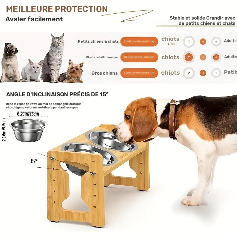 Gamelle surélevée réglable en bambou pour chien & chat