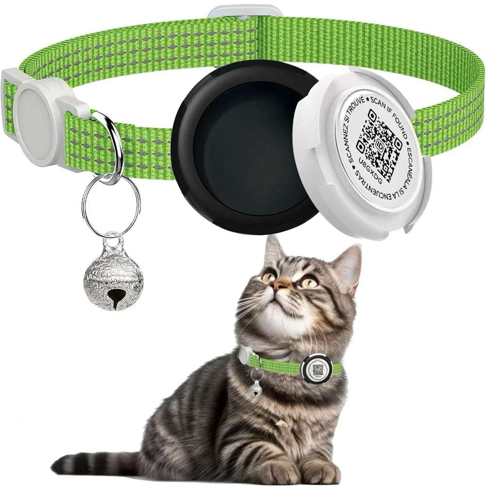 Collier Réfléchissant pour Chat avec Étui pour Airtag et Médaillon QR