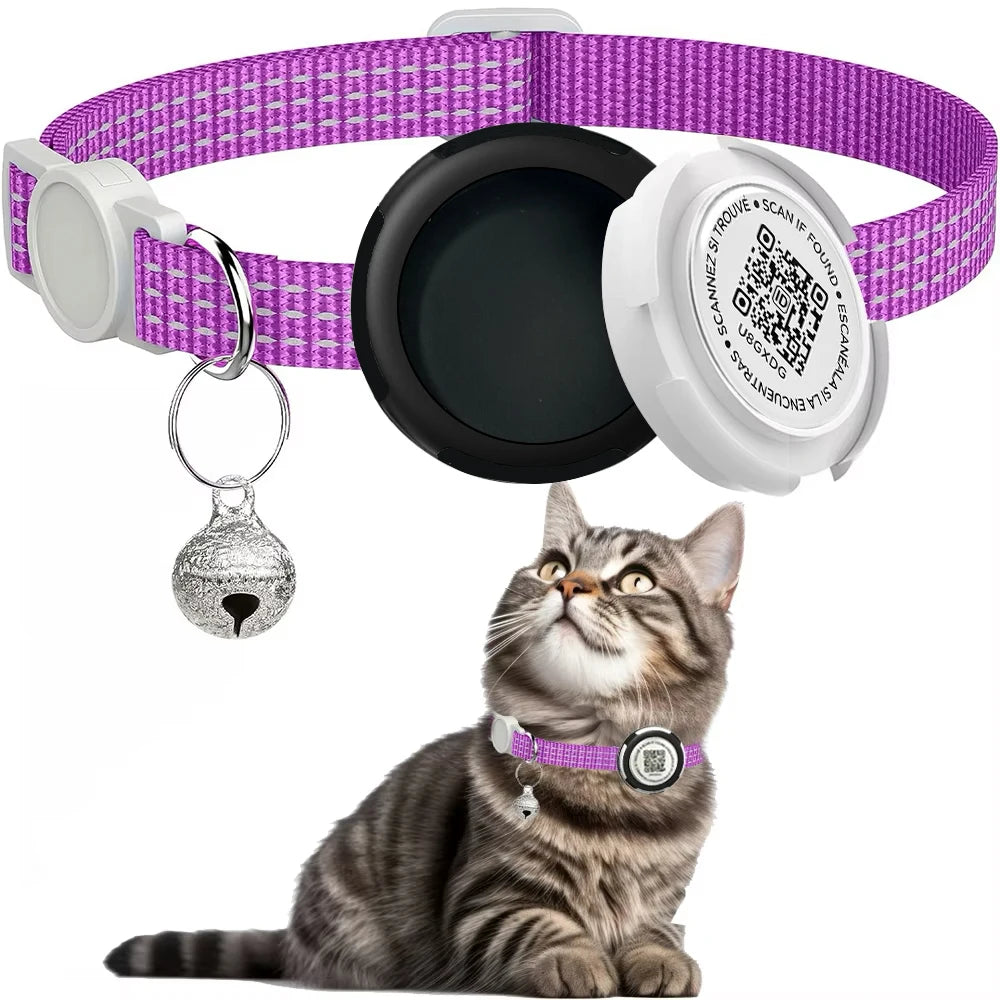 Collier Réfléchissant pour Chat avec Étui pour Airtag et Médaillon QR