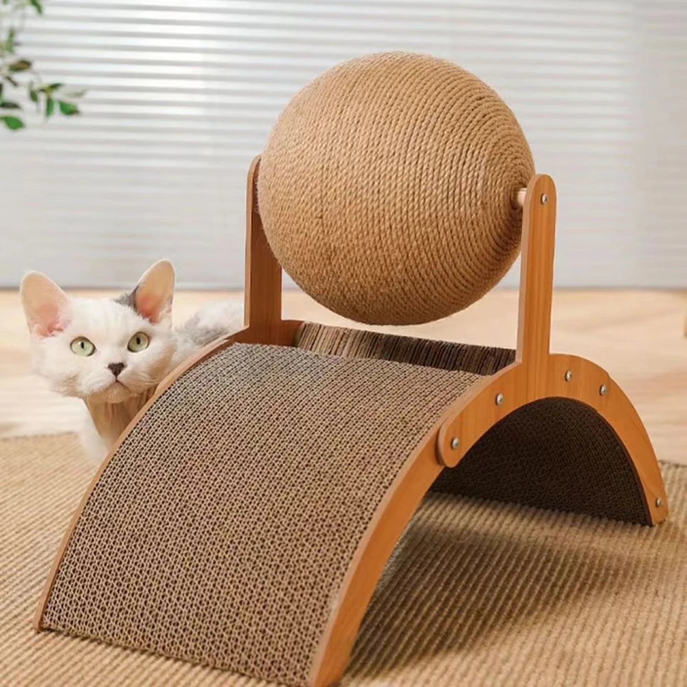 Griffoir Arqué en Bois avec Balle en Sisal – Jouet Interactif pour Chats