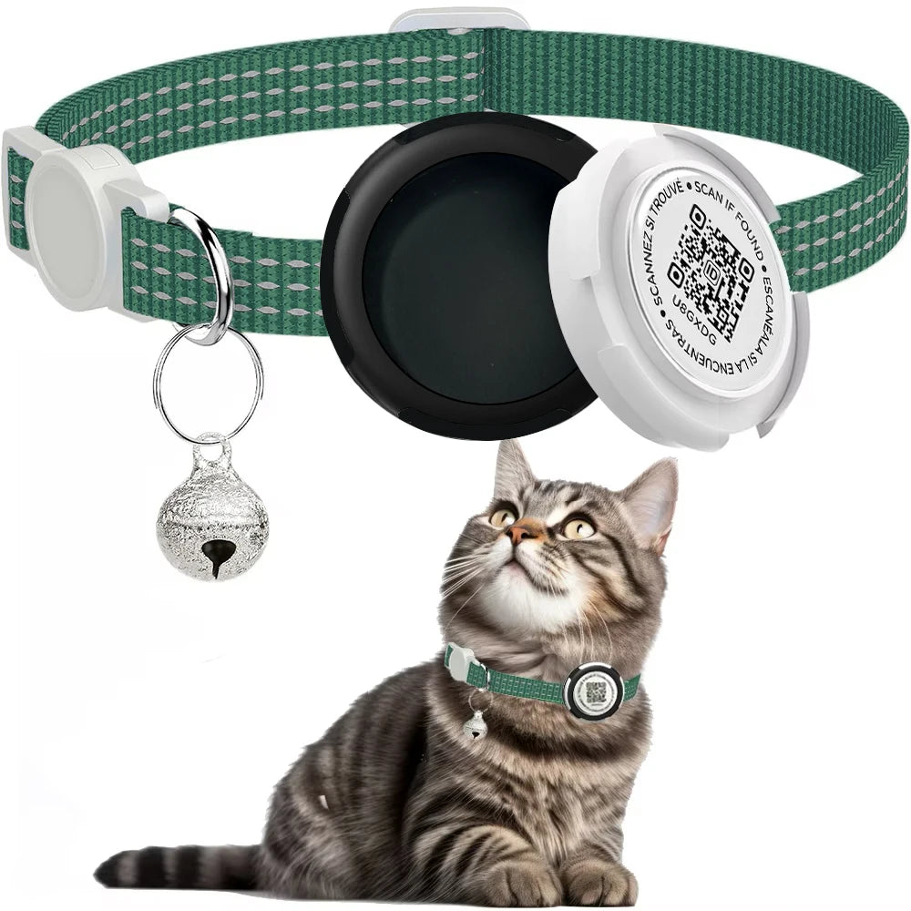 Collier Réfléchissant pour Chat avec Étui pour Airtag et Médaillon QR