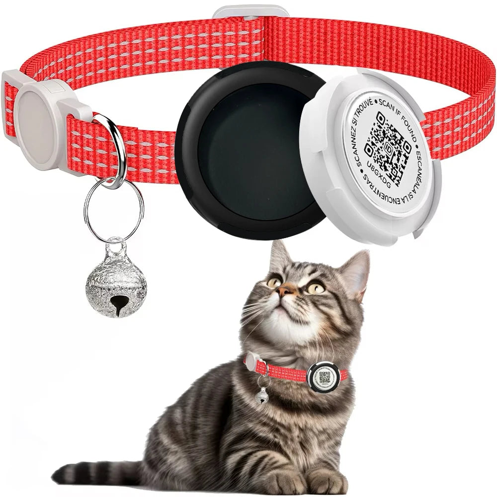 Collier Réfléchissant pour Chat avec Étui pour Airtag et Médaillon QR