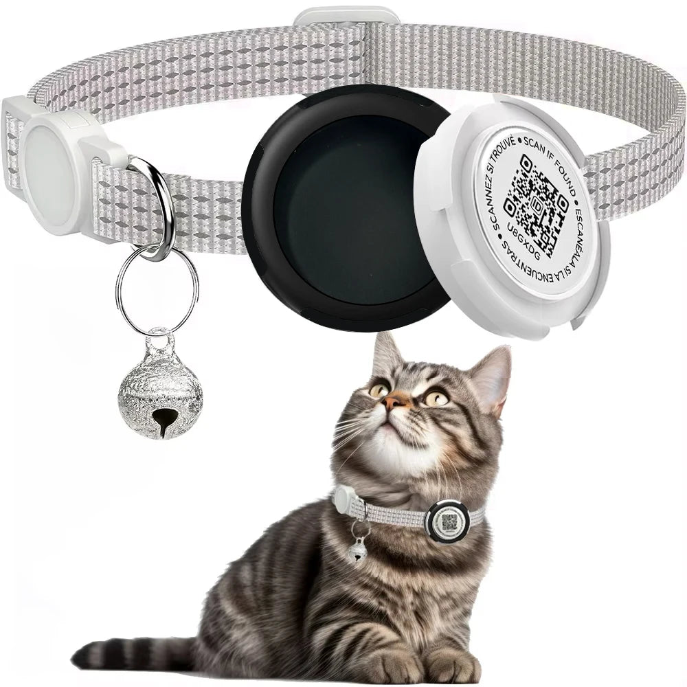 Collier Réfléchissant pour Chat avec Étui pour Airtag et Médaillon QR