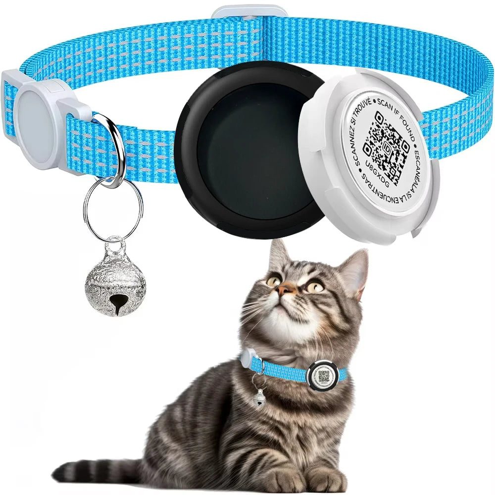 Collier Réfléchissant pour Chat avec Étui pour Airtag et Médaillon QR