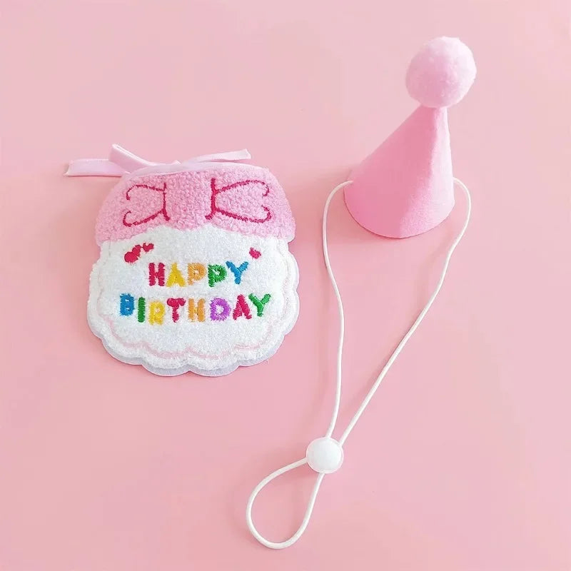 Set Anniversaire Chien & Chat – Bandana “Happy Birthday” et Chapeau Rose