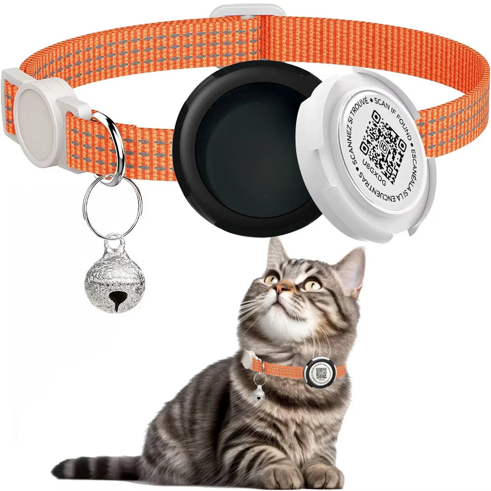 Collier Réfléchissant pour Chat avec Étui pour Airtag et Médaillon QR