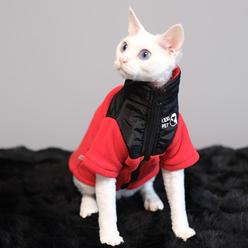 Veste Zippée Épaisse pour Chats Sans Poils – Manteau Chaud Rouge & Noir pour Automne/Hiver